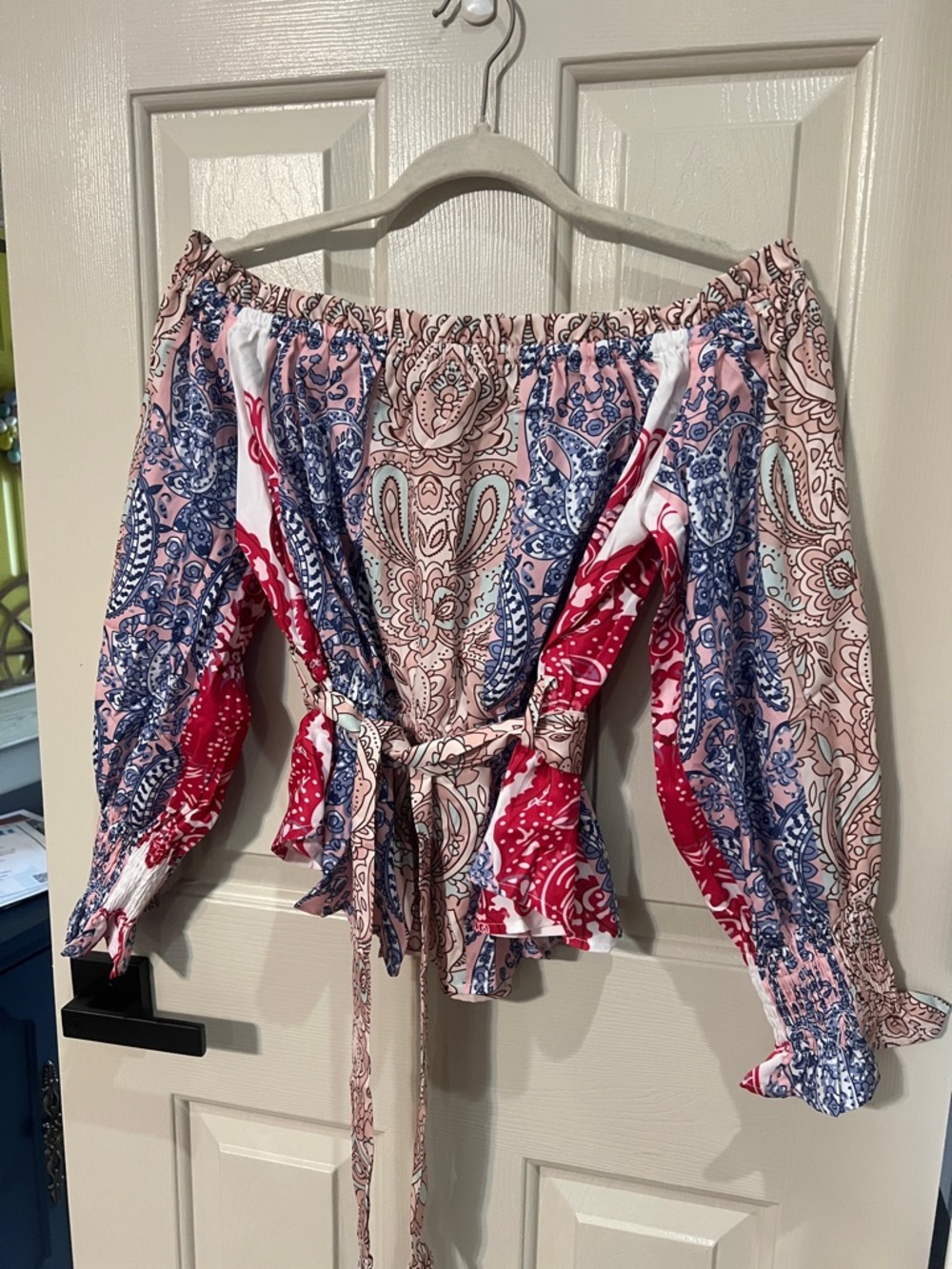 Private Label Off-Shoulder Paisley Tie-Waist Blouse in Pink, Red & Blue